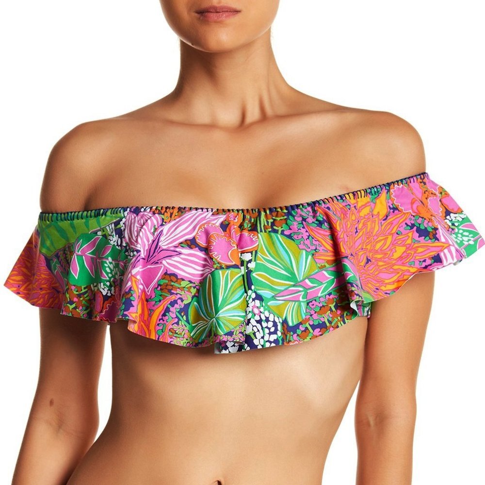 NWT Trina Turk Off Shoulder Tropical Escape Ruffle Bandeau Bikini Swimsuit Top
